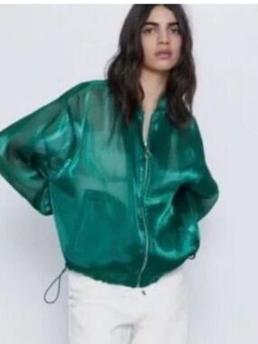 Zara emerald green sheer shimmer zipper jacket